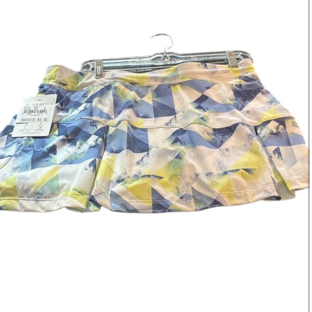 Sofibella 13 inch tennis skort-Geometric Blue and Yellow Print L - Picture 3 of 6